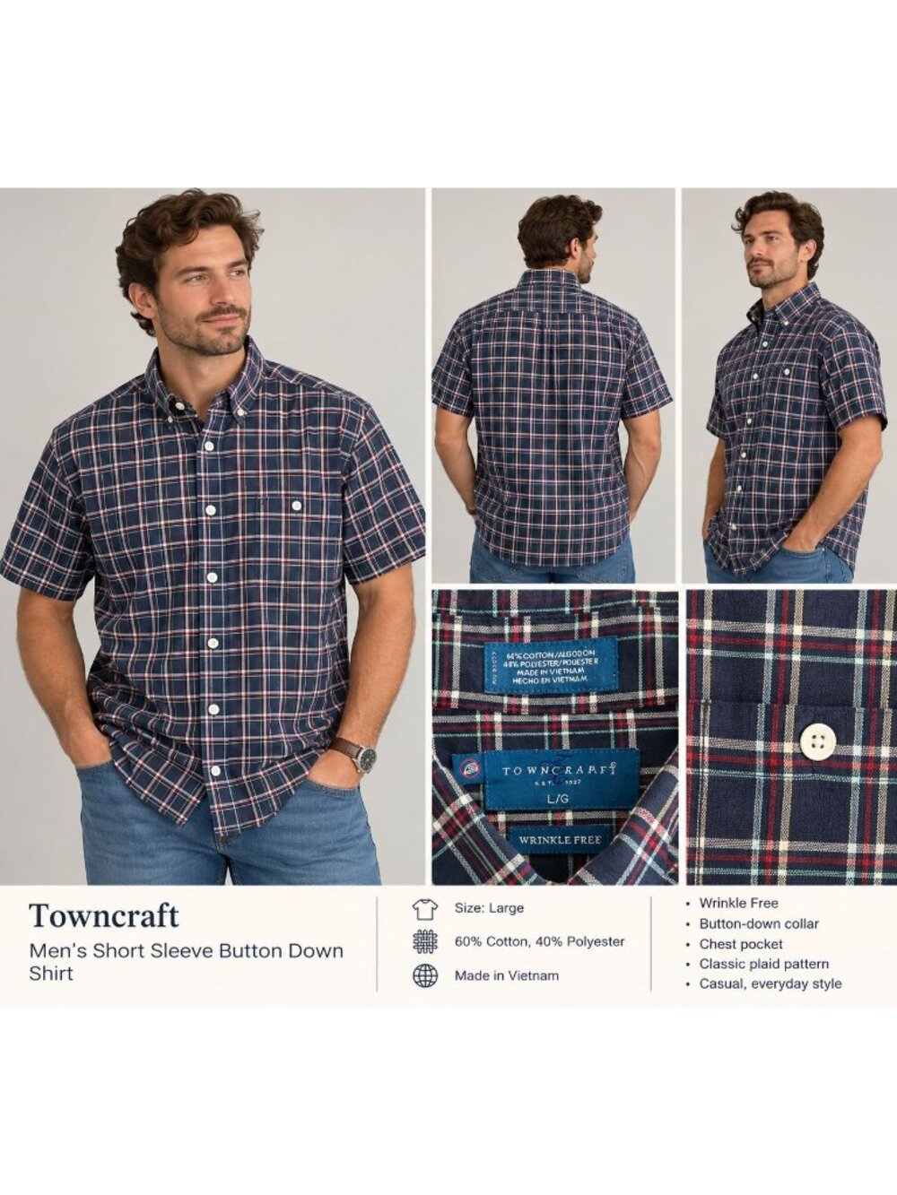 Towncraft Mens Large Navy Plaid Short Sleeve Button Down Shirt Wrinkle Free